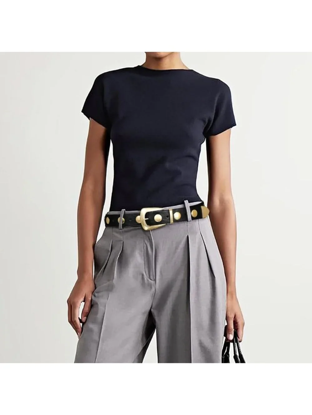 Stylish Black Leather Belt with Gold Buckle - Punk Studded Waist Belt for Jeans